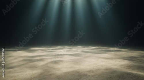 Empty ocean floor with soft light beams penetrating the deep, creating a contrast of brightness and shadow on the sand, smooth and undisturbed terrain, the quiet stillness of the underwater realm