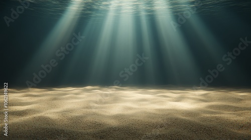 Ocean floor with soft light rays, shadows creating depth, sand and rocks resting undisturbed in the silent underwater scene