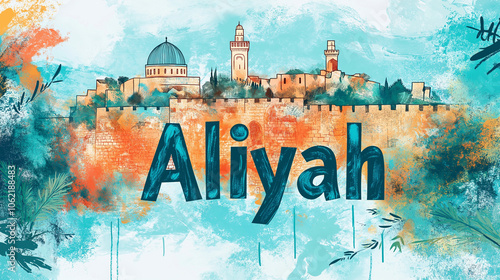 Illustrated poster with the word "Aliyah" and imagery of Israel, Aliyah Day School Observance, poster,