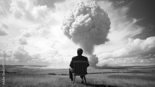 Depressed man sitting in chair watching atomic bomb