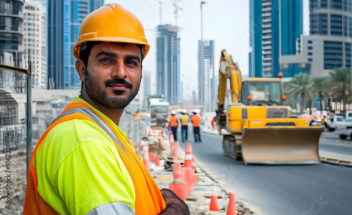 A construction worker oversees roadwork in an urban environment. AI Image