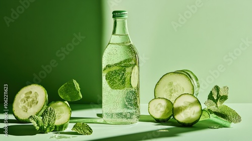 A sparkling water infused with cucumber and mint, packaged in a returnable glass bottle with a compostable cap, creating a zero-waste, sustainable option for hydration