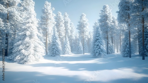 A serene winter landscape showcasing snow-covered evergreen trees blanketed in fresh snow, creating a peaceful and tranquil atmosphere in a winter wonderland.