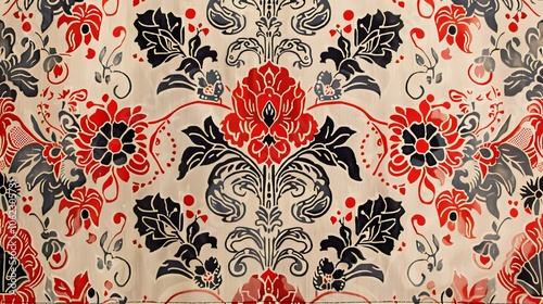 A vintage floral design featuring radiant red and black patterns against a neutral background, offering classic elegance and timeless artistic flair.