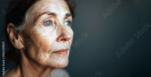 Portrait of an elderly Caucasian woman with a serene expression and remarkably smooth skin, focusing on her timeless beauty.