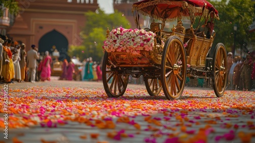 Golden Carriage Adorned with Flowers in India