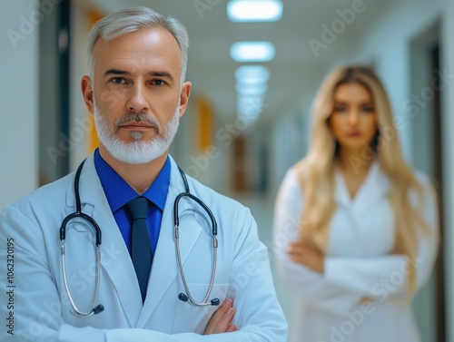 The photo shows a senior male doctor with a stethoscope, standing confidently in a hospital corridor. A female patient is out of focus in the background.