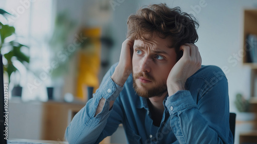 A frustrated employee feeling stuck in a long meeting, staring blankly at a presentation