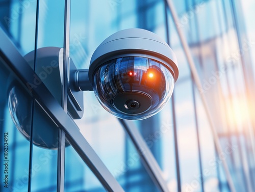 A security camera is mounted on the glass facade of a modern building, capturing a reflection of urban surroundings with a futuristic feel.