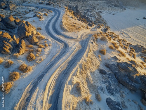 Aerial view of a forked desert path surrounded by rocks and sparse vegetation, capturing the essence of choice and direction in a barren landscape.