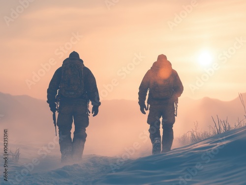 Two mountaineers hike up a snowy mountain in a soft, cinematic light, capturing a serene and adventurous moment in nature.