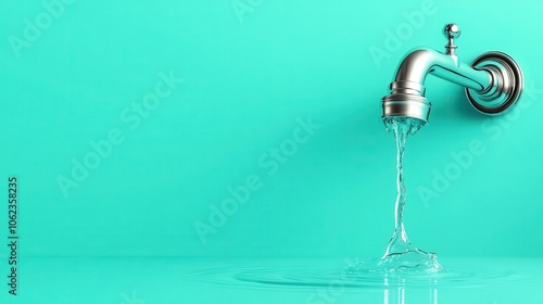 An elegant wall-mounted tap with water gracefully streaming out, creating ripples on the surface below, set against a vivid turquoise background for a modern look.