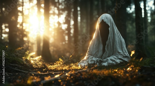 An ethereal cloaked figure rests peacefully in a sunlit sylvan scene, evoking a sense of tranquility and mystical peace amidst the warm glow and verdant surroundings.