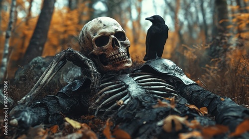 An armored skeleton reclines in an autumnal forest, with a raven poised on its shoulder, surrounded by vibrant orange leaves and ancient stones.