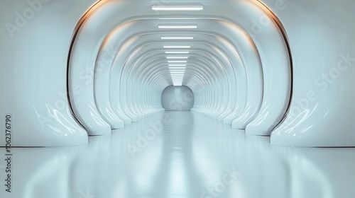 A futuristic hallway illuminated with soft lighting, showcasing rounded archways that create a sense of continuity and elegance in an ultramodern environment.