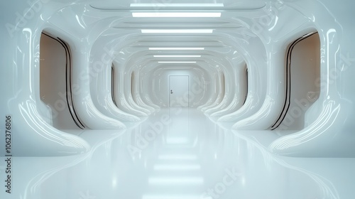 A breathtaking futuristic hallway featuring smooth rounded white walls and bright lighting, creating a sleek, ultramodern space that evokes feelings of calmness.