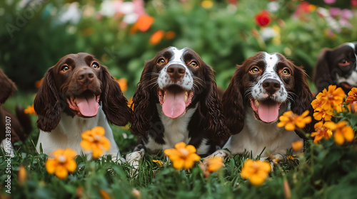 A Charming Scene of English Springer Spaniels Frolicking Playfully in a Nature-Filled Garden