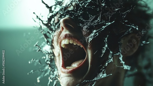 Amidst a surreal setting, a face is engulfed in black, sticky liquid, mouth agape in a silent scream depicting chaos and vulnerability through abstract visualization.