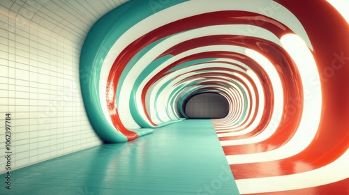 A dynamic view of a swirling, multicolored tunnel with smooth curves and a lighted path, representing the futuristic and abstract artistic trends.