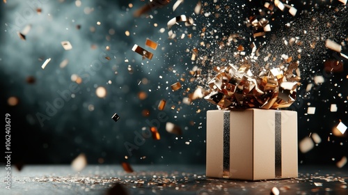 A luxurious gift box adorned with golden ribbons dramatically opens, releasing a dazzling shower of gold confetti, symbolizing generosity and celebration.