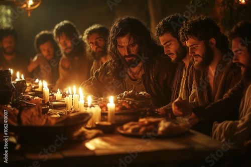 A realistic, moody Last Supper scene, Jesus and twelve disciples recline around a low table in a candle-lit stone room. 