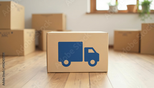 A cardboard box with a blue truck icon stands on a wooden floor with additional boxes blurred in the background. This image represents shipping, delivery, and logistics, ideal for e-commerce or moving