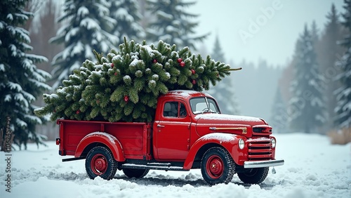 A vintage red truck loaded with a lush Christmas tree drives through a snowy winter wonderland