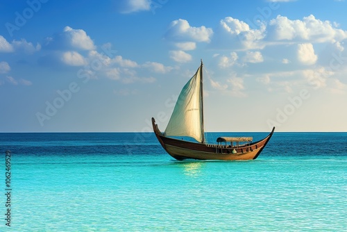 Traditional dhow boat sailing on turquoise waters under a clear blue sky