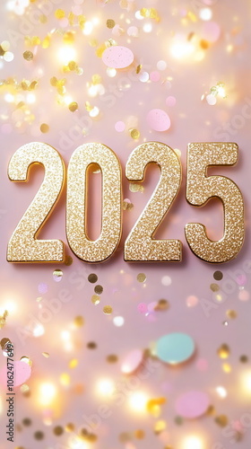 Shimmering gold 2025 on a light blush pink background with pastel-colored confetti and soft bokeh lights, perfect for a celebratory New Year's banner. Vertical social media banner