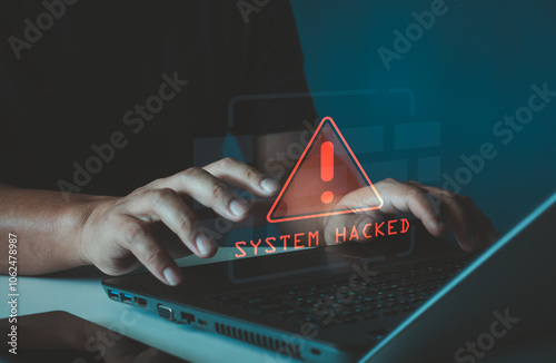 System hacked alert. Scam alert, software warning fraud, cyber security. Hacker detection cyber attack on computer network, virus, spyware, malware, malicious software and cybercrime.