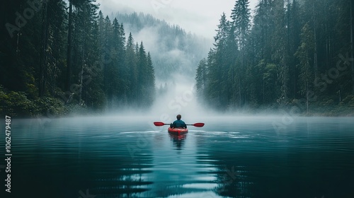 A serene photograph of a boatman sailing on a misty lake.