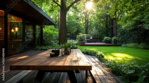 A peaceful backyard scene showcasing a wooden deck with a sturdy table, lush greenery surrounding the area, and sunlight filtering through tree leaves.