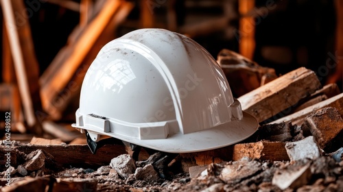 A white protective hard hat is placed amidst rubble and scattered wooden debris at a construction site, symbolizing safety and resilience in challenging environments.