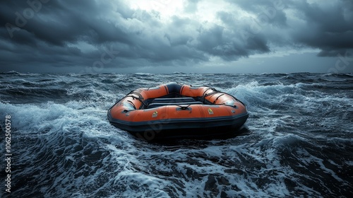 Stranded Inflatable Raft in Stormy Sea