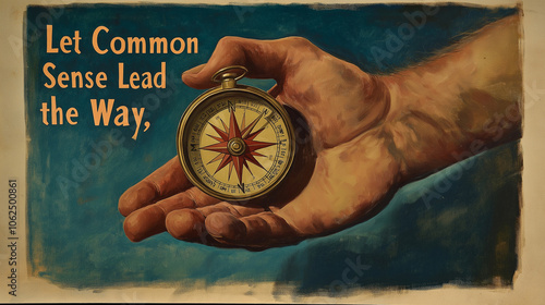 Hand holding a compass, symbolizing guidance, with "Let Common Sense Lead the Way," Common Sense Day, poster,