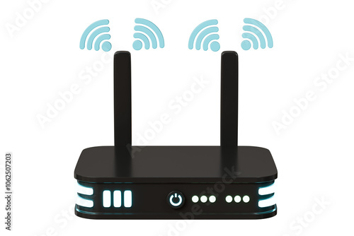 3D Realistic Wireless Internet Router with antennas icon. Minimal Cartoon digital wireless modem hotspot on isolated white background Wi-Fi hotspot zone. Wireless Modem for 4G or 5G concept. 3D Render