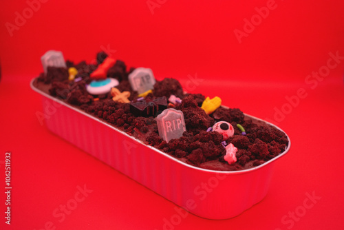 Postre o pastelero de chocolate con decoración de panteón en fondo rojo aislado