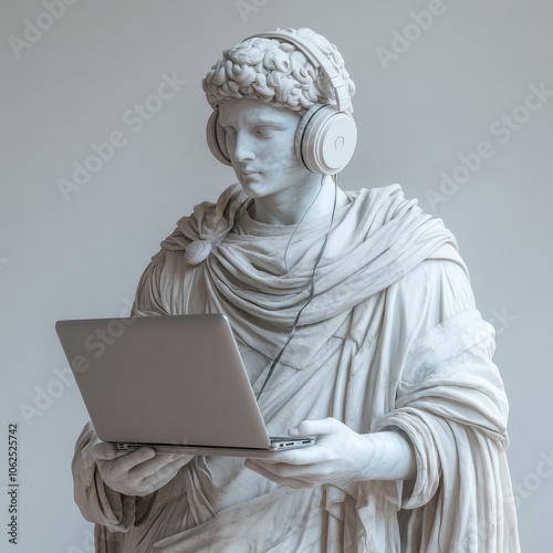 Classical Greek marble statue of warrior with modern headphones and laptop, minimalist background.