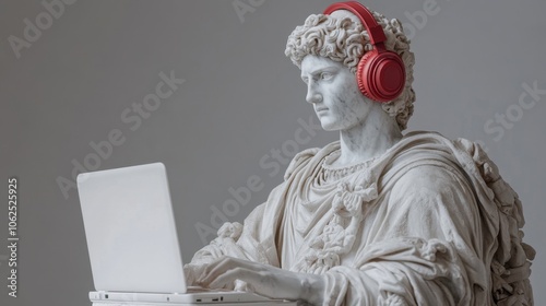 Classical Greek marble statue of warrior with modern headphones and laptop, minimalist background.