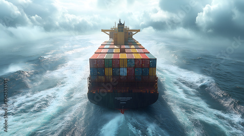 A large cargo ship loaded with a variety of colorful shipping containers, navigating the vast ocean under an expansive sky