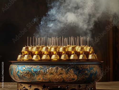 Smoke drifts from rows of golden incense burners in the subdued lighting of a temple, casting a mystical and solemn mood, perfect for spiritual devotion.