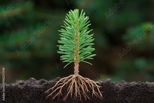 A young evergreen tree with vibrant green needles standing prominently atop rich, dark soil, symbolizing growth and resilience.