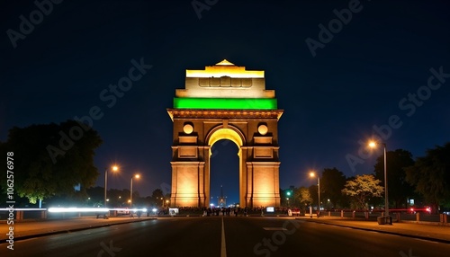 Iconic India Gate in New Delhi illuminated at night, symbolizing national pride and independence