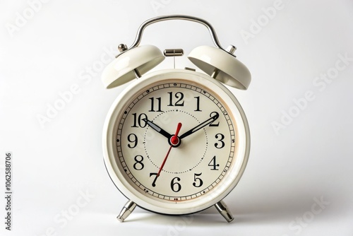 White alarm clock ticking on white background showing almost half past one