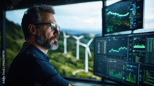 wind turbine technician analyzes data on multiple screens, showcasing blend of technology and nature. serene landscape outside highlights importance of renewable energy