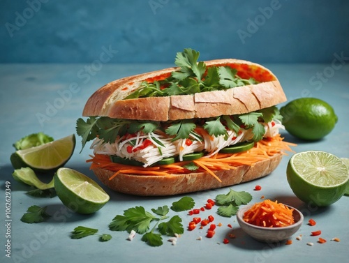 a single Bánh Mì, sliced in half and positioned slightly askew, with scattered ingredients