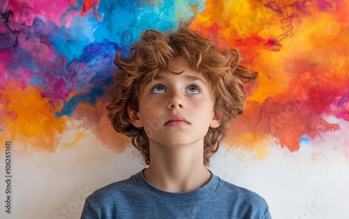 A young boy with curly hair gazes upwards as he imagines colorful shapes and ideas swirling in his head.