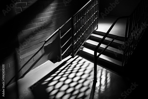 Dimly lit prison cell with bars casting shadows across a concrete floor, capturing the confinement and solemnity of incarceration, symbolizing isolation and resilience