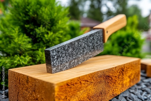 Grindstone being used to sharpen an old blade, capturing the precise and historical art of sharpening tools, symbolizing tradition and durability