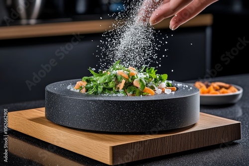 Salt grinder releasing coarse sea salt onto a dish, capturing the simple yet essential addition of seasoning to food, symbolizing subtlety and enhancement